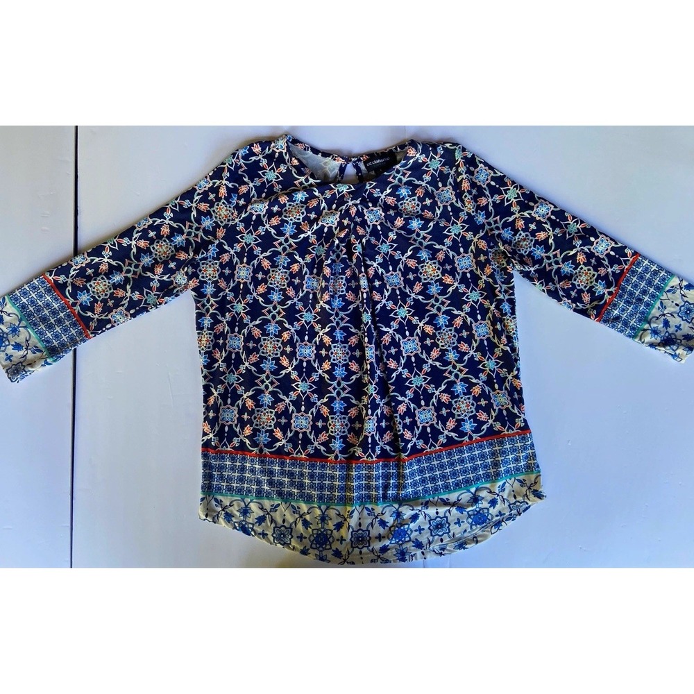 Liz Claiborne Women's Sz L Blue Floral geometric Long Sleeve Pullover Blouse